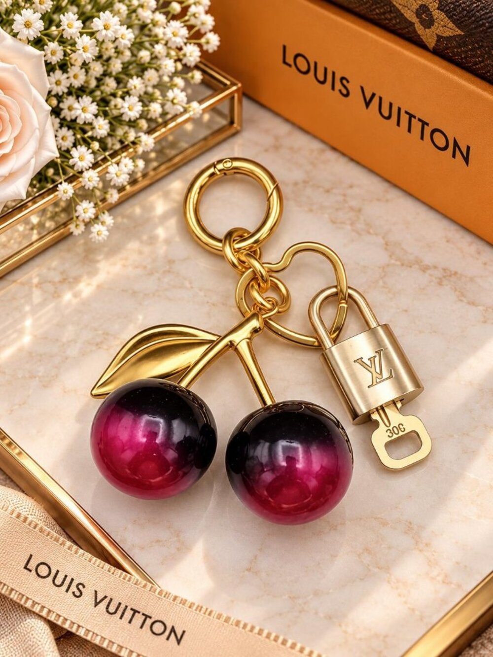 Louis Vuitton Gold Padlock Key 🔒 Authentic LV Charm + Unbranded Apple Keychain